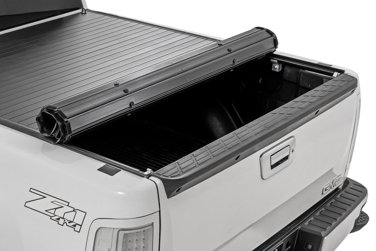 GMC Sierra 1500 Hard Roll Up Bed Cover - Rough Country - Sleek Flush, Low-Profile Design - Matte Black - '07-'13